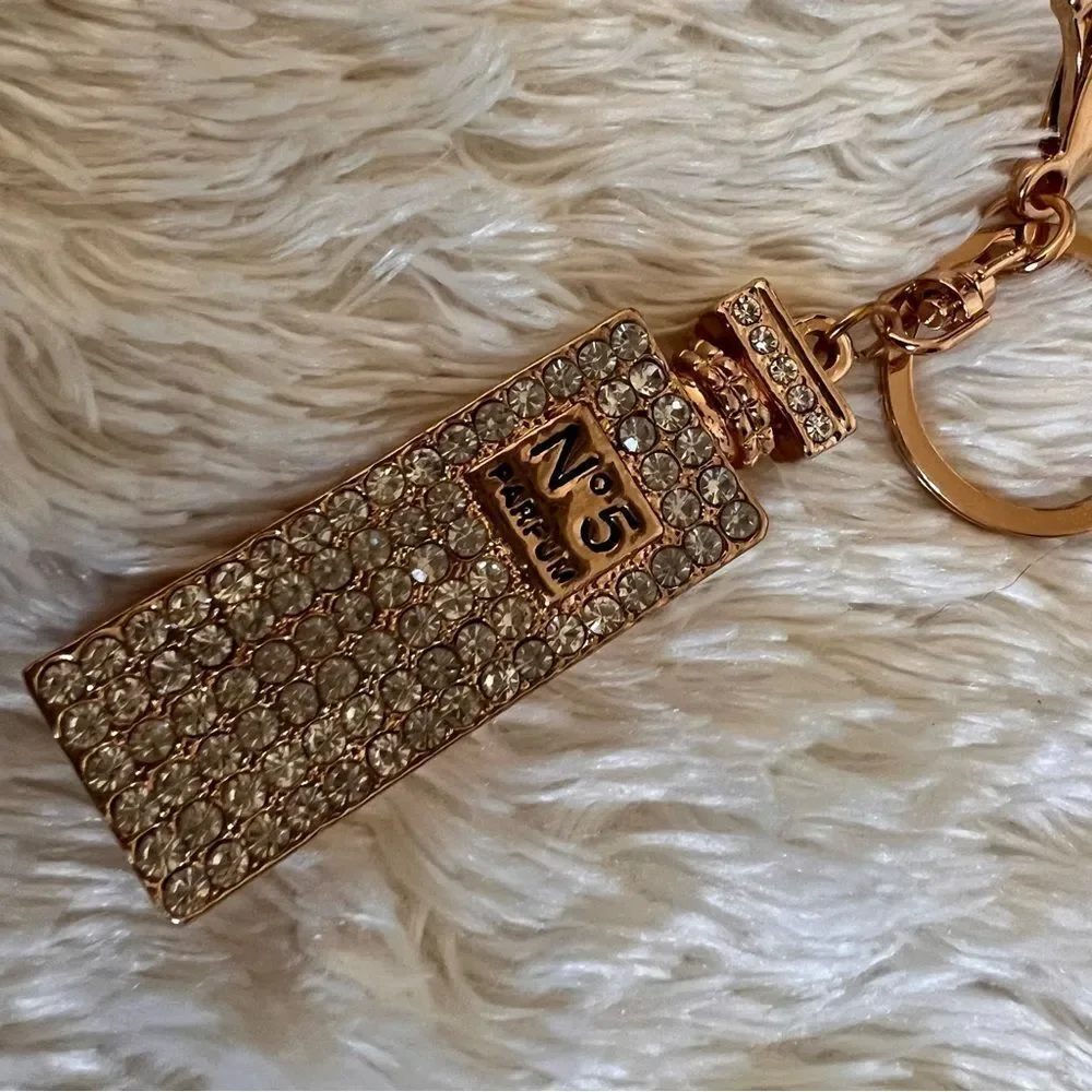 Gold Rhinestone Perfume Bottle Keychain Bag Charm NEW